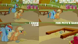 Size: 1280x720 | Tagged: safe, derpibooru import, edit, edited screencap, editor:quoterific, screencap, applejack, rainbow dash, earth pony, pegasus, pony, fall weather friends, season 1, applejack's hat, cowboy hat, duo, female, flying, hat, horseshoes, image, mare, open mouth, open smile, png, smiling, spread wings, text, wings