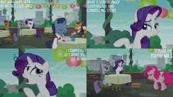 Size: 1280x720 | Tagged: safe, derpibooru import, edit, edited screencap, editor:quoterific, screencap, maud pie, pinkie pie, rarity, earth pony, pony, unicorn, season 6, the gift of the maud pie, eating, eyes closed, female, image, jpeg, magic, male, mare, open mouth, open smile, smiling, stallion, telekinesis, text