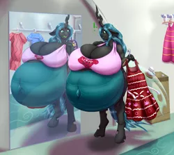 Size: 1682x1500 | Tagged: suggestive, artist:blues64, artist:yina, derpibooru import, queen chrysalis, anthro, changeling, changeling queen, unguligrade anthro, belly, belly button, big belly, big breasts, breasts, busty queen chrysalis, cleavage, clothes, digital art, dress, female, fitting room, floppy ears, holes, horn, huge belly, huge breasts, hyper, hyper belly, hyper pregnancy, image, impossibly large belly, impossibly large breasts, mirror, open mouth, outie belly button, png, pregnant, shirt, solo, solo female, tail, thighs