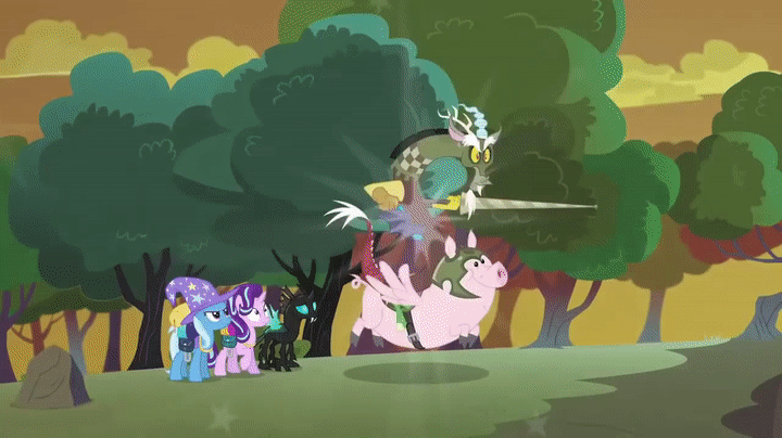 Size: 720x404 | Tagged: safe, derpibooru import, screencap, discord, starlight glimmer, thorax, trixie, changeling, draconequus, flying pig, pig, pony, unicorn, to where and back again, animated, chaos magic, charge, female, gif, helmet, image, lance, male, mare, reformed four, tree, vanish, weapon