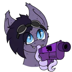 Size: 872x872 | Tagged: safe, artist:zackwhitefang, derpibooru import, oc, oc:ravenpuff, unofficial characters only, bat pony, pony, bat pony oc, bat wings, bust, digital art, female, goggles on head, gun, handgun, image, png, portrait, prehensile tongue, simple background, solo, solo female, tongue out, transparent background, weapon, wings