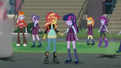 Size: 3410x1920 | Tagged: safe, derpibooru import, screencap, heath burns, sci-twi, sunset shimmer, suri polomare, twilight sparkle, equestria girls, friendship games, boots, canterlot high, clothes, eyes closed, female, high heel boots, high res, image, jacket, jpeg, leather, leather jacket, male, open mouth, shoes