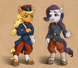 Size: 3544x3087 | Tagged: safe, artist:tass_the_bovine, derpibooru import, applejack, rarity, anthro, earth pony, unguligrade anthro, unicorn, clothes, duo, female, french, image, jpeg, lesbian, rarijack, shipping, uniform