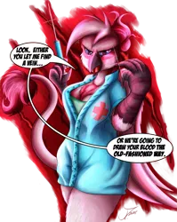 Size: 997x1250 | Tagged: safe, artist:jamescorck, derpibooru import, nurse redheart, anthro, gryphon, series:creature-verse, beak, bedroom eyes, breasts, busty nurse redheart, chest fluff, commission, dialogue, digital art, female, griffonized, image, looking at you, nurse outfit, open mouth, png, simple background, solo, species swap, speech bubble, tail, talking, text, thighs, transparent background, unamused, wide hips, wings