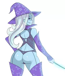 Size: 900x1051 | Tagged: suggestive, artist:maniacpaint, color edit, derpibooru import, edit, trixie, equestria girls, ass, butt, clothes, colored, female, hat, horn wand, image, kiss my ass, looking at you, panties, png, simple background, smiling, smirk, solo, solo female, stupid sexy trixie, the ass was fat, the great and powerful ass, thong, trixie's hat, underwear, wand, white background