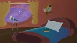 Size: 4096x2304 | Tagged: safe, artist:candy meow, derpibooru import, bed, book, clock, constellation, curtains, golden oaks library, image, legends of equestria, library, loading screen, night, pillow, png, ponydale, ponydale library, telescope, window