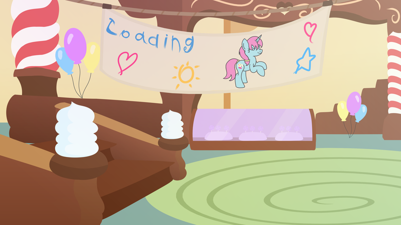 Size: 4096x2304 | Tagged: safe, artist:candy meow, derpibooru import, oc, oc:candy floss, balloon, candy, carpet, festive, food, image, legends of equestria, loading screen, png, staircase, sugarcane corner, sugarcube corner, sweets