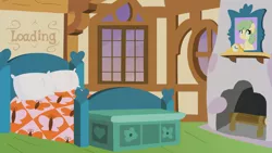 Size: 4096x2304 | Tagged: safe, artist:candy meow, derpibooru import, bed, blanket, bust, clock, cottage, fireplace, fluttershy's bedroom, fluttershy's cottage, image, legends of equestria, loading screen, log, no pony, pillow, png, portrait, window