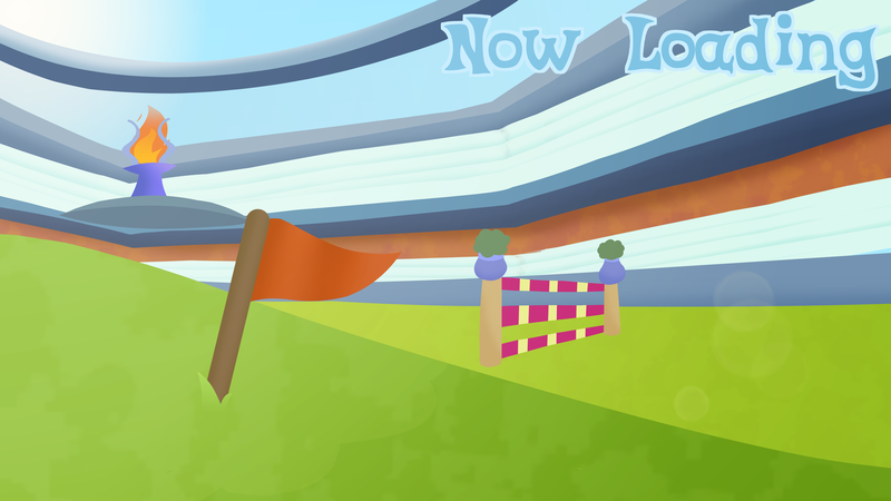 Size: 4096x2304 | Tagged: safe, artist:candy meow, derpibooru import, crystal stadium, fire, flag, image, legends of equestria, loading screen, obstacle course, png, sun