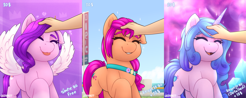 Size: 6000x2400 | Tagged: safe, artist:rivin177, derpibooru import, izzy moonbow, pipp petals, sunny starscout, earth pony, pegasus, pony, unicorn, commission, commission example, cute, g5, hand, image, pet, pets, png, ych example, ych result, your character here