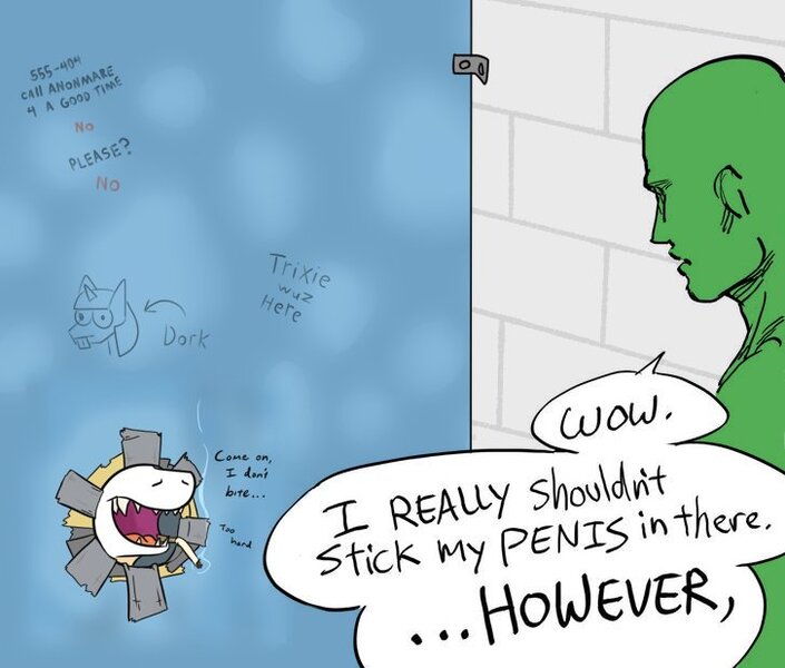 Size: 727x619 | Tagged: suggestive, artist:jargon scott, artist:scraggleman, derpibooru import, oc, oc:anon, oc:dyx, unofficial characters only, alicorn, pony, bathroom stall, cigarette, collaboration, dialogue, female, glory hole, graffiti, image, implied oc:anon-mare, jpeg, male, mare, schmuck bait, sharp teeth, smoking, speech bubble, teeth, this will end in pain