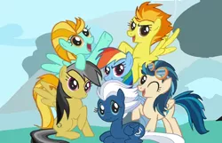 Size: 1394x900 | Tagged: safe, artist:a.k.yearling, derpibooru import, daring do, indigo zap, lightning dust, night glider, rainbow dash, spitfire, ponified, pegasus, pony, alternate mane six, equestria girls ponified, female, image, jpeg, looking at you, mane six opening poses, mare, one eye closed, smiling, wink
