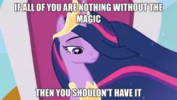 Size: 2190x1232 | Tagged: safe, derpibooru import, edit, edited screencap, screencap, princess twilight 2.0, twilight sparkle, twilight sparkle (alicorn), alicorn, pony, the last problem, female, image, implied g5, mare, marvel, marvel cinematic universe, older, older twilight, png, solo, spider-man, spider-man: homecoming, text, text edit, tony stark