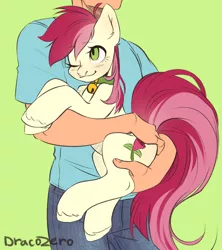 Size: 1600x1800 | Tagged: safe, artist:draco zero, derpibooru import, roseluck, human, pony, behaving like a cat, bell, bell collar, collar, commission, commissioner:doom9454, cute, holding a pony, image, png, pony pet, rosepet