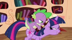 Size: 1920x1080 | Tagged: safe, derpibooru import, screencap, spike, twilight sparkle, dragon, pony, unicorn, season 2, the cutie pox, book, dragons riding ponies, duo, female, golden oaks library, image, library, lidded eyes, looking at each other, looking at someone, male, mare, png, riding, smiling, spike riding twilight, unicorn twilight