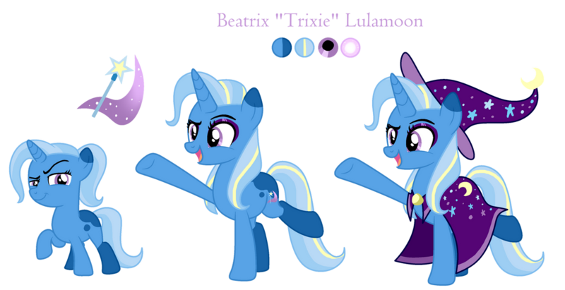 Size: 1280x658 | Tagged: safe, artist:penultimate-wishes, derpibooru import, trixie, pony, cape, clothes, cutie mark, female, filly, foal, hat, image, looking at you, open mouth, png, pose, raised eyebrow, raised hoof, raised leg, redesign, simple background, smiling, smirk, solo, text, transparent background, trixie's cape, trixie's hat, younger