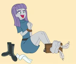 Size: 2146x1807 | Tagged: safe, artist:crock2121, derpibooru import, maud pie, human, ass, barefoot, boots, butt, clothes, cute, dress, feather, feet, fetish, foot fetish, humanized, image, jpeg, laughing, maudabetes, rope, shoes, smiling, socks, stocks, tickle fetish, tickle torture, tickling, when she smiles