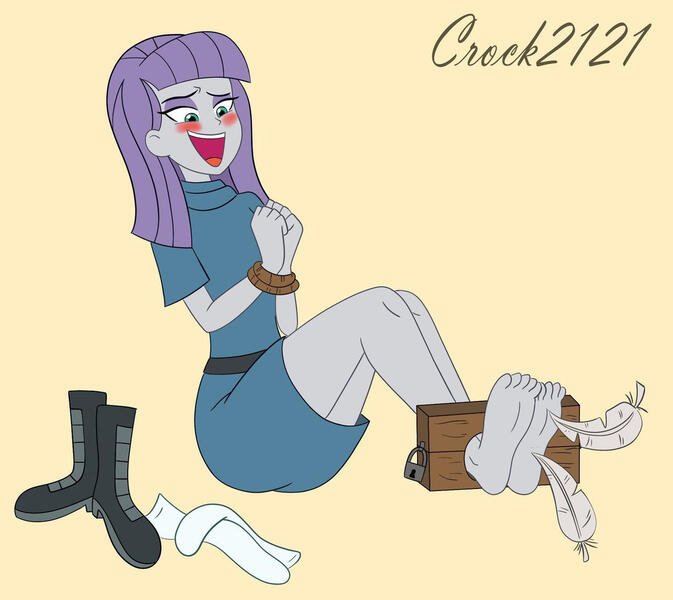 Size: 1280x1141 | Tagged: safe, artist:crock2121, derpibooru import, edit, maud pie, human, equestria girls, barefoot, blushing, boots, clothes, cute, dress, feather, feet, fetish, foot fetish, humanized, image, jpeg, laughing, maudabetes, maudsub, rope, shoes, smiling, socks, stocks, text, tickle fetish, tickle torture, tickling, when she smiles