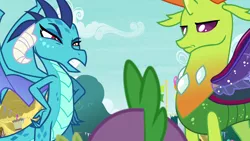 Size: 1280x720 | Tagged: safe, derpibooru import, screencap, princess ember, spike, thorax, changedling, changeling, dragon, triple threat, displeased, dragoness, ember is not amused, female, hand on hip, hand on waist, image, king thorax, male, png, thorax is not amused, trio, unamused