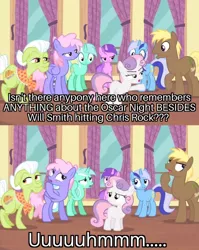 Size: 1080x1360 | Tagged: safe, derpibooru import, edit, edited screencap, screencap, amethyst star, coco crusoe, granny smith, lyra heartstrings, minuette, rainbowshine, sweetie belle, pony, for whom the sweetie belle toils, background pony, chris rock, image, jpeg, meme, meta, oscar, parody, scene parody, slapping, text, thinking, will smith