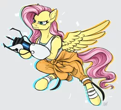 Size: 1500x1370 | Tagged: safe, artist:mechanakal, derpibooru import, fluttershy, pegasus, pony, angry, badass, bandage, bandaged leg, bipedal, chell, clothes, female, fluffy, flutterbadass, frown, glare, hoof hold, image, jumping, jumpsuit, mare, png, portal (valve), portal gun, signature, simple background, solo, spread wings, standing on two hooves, tanktop, wings