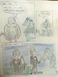 Size: 3024x4032 | Tagged: safe, artist:13mcjunkinm, derpibooru import, princess ember, spike, dragon, the last problem, 4 panel comic, clothes, comic, cute, dragoness, dress, emberbetes, emberspike, female, gala dress, gigachad spike, grand galloping gala, image, jpeg, male, nervous, older, older spike, shipping, smiling, spikabetes, straight, traditional art, tuxedo, winged spike, wings