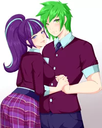 Size: 1748x2200 | Tagged: safe, artist:haarmades, derpibooru import, spike, starlight glimmer, human, clothes, crystal prep academy uniform, duo, female, humanized, image, male, necktie, older, older spike, pants, png, school uniform, shipping, simple background, skirt, sparlight, straight, white background