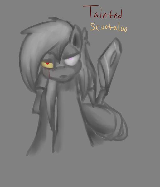 Size: 827x967 | Tagged: artist needed, source needed, semi-grimdark, derpibooru import, scootaloo, pegasus, pony, semi-anthro, bleeding eyes, clothes, evil scootaloo, female, frown, gray background, image, jacket, jpeg, looking at you, red eyes, simple background, tainted scootaloo