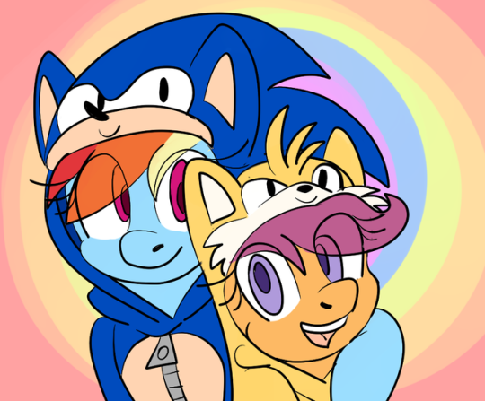 Size: 540x447 | Tagged: safe, artist:askweabishscootaloo, derpibooru import, rainbow dash, scootaloo, pegasus, pony, clothes, cosplay, costume, duo, female, hair over one eye, hoodie, hoof around neck, image, looking at you, miles "tails" prower, open mouth, png, rainbow background, smiling, sonic the hedgehog, sonic the hedgehog (series), tumblr, tumblr:ask weabish scootaloo, zipper