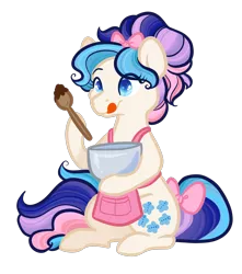 Size: 1810x2048 | Tagged: safe, artist:howdyhorsey, derpibooru import, gingerbread, earth pony, pony, apron, baking, blue eyes, bow, bowl, clothes, g1, hair bow, hair bun, image, licking, licking lips, mixing bowl, multicolored mane, pink bow, png, sitting, solo, sparkly eyes, spoon, stylized, tail, tail bow, tongue out, white coat, wingding eyes