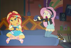 Size: 1024x684 | Tagged: safe, artist:emeraldblast63, derpibooru import, fluttershy, sunset shimmer, equestria girls, equestria girls series, game stream, spoiler:eqg series (season 2), angry, controller, couch, flutterrage, gamershy, headset, image, jpeg, looking at something, role reversal, speaker