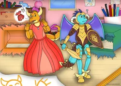 Size: 1024x724 | Tagged: safe, artist:sparkbolt3020, derpibooru import, princess ember, smolder, dragon, armor, bedroom, clothes, commission, dress, embarrassed, exclamation point, image, interrobang, jpeg, knight, post-transformation, princess smolder, question mark, sword, toy, weapon