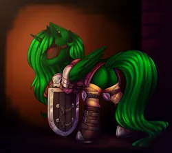 Size: 2000x1774 | Tagged: suggestive, artist:dipfanken, derpibooru import, oc, oc:the emissary, alicorn, pony, fallout equestria, armor, boots, butt, clothes, eyepatch, female, green alicorn (fo:e), image, leather straps, mare, png, shield, shoes, socks, wings