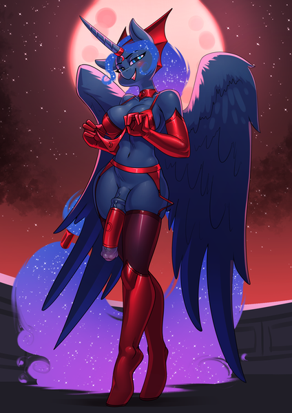 Size: 2480x3508 | Tagged: explicit, alternate version, artist:chrysalisdraws, banned from derpibooru, idw, paywalled source, princess luna, alicorn, anthro, unguligrade anthro, reflections, spoiler:comic, 2021, blood moon, breasts, clothes, costume, evil counterpart, evil luna, female, futa, futa evil luna, futa princess luna, halloween, halloween costume, holiday, image, intersex, looking at you, mirror universe, moon, nudity, open mouth, panties, partial nudity, penis bra, png, solo, solo futa, underwear