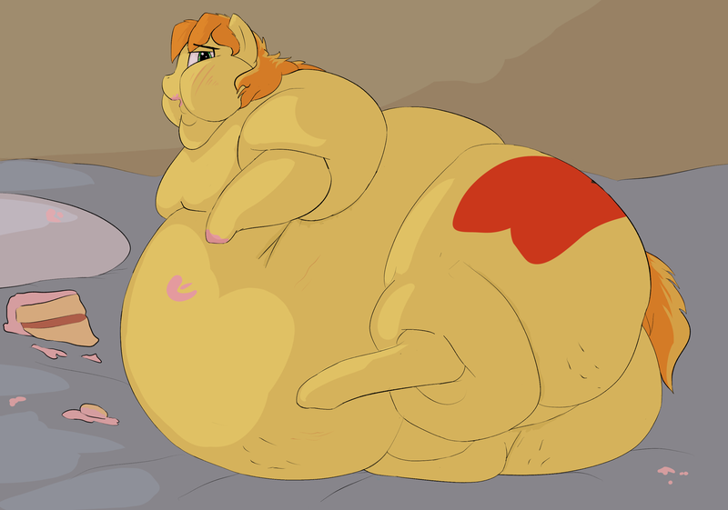 Size: 3109x2181 | Tagged: questionable, artist:lupin quill, derpibooru import, braeburn, earth pony, pony, bed, bedbound, belly, bhm, big belly, bingo wings, blushing, braeblob, cake, cellulite, chubby cheeks, double chin, embarrassed, fat, fat fetish, feedee, fetish, flabby chest, food, fupa, image, large butt, looking at you, lying down, male, morbidly obese, multichin, near immobile, obese, open mouth, pillow, png, rolls of fat, side, slob, solo, solo male, stretched cutie mark, stretchmarks, sweat, the ass was fat