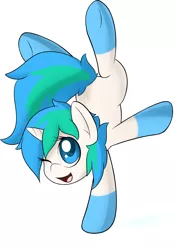 Size: 2000x2840 | Tagged: safe, artist:rolo, derpibooru import, oc, unofficial characters only, pony, unicorn, 2012, female, handstand, image, looking at you, mare, one eye closed, open mouth, open smile, png, simple background, smiling, solo, underhoof, upside down, white background, wink, winking at you