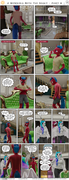 Size: 2000x5190 | Tagged: explicit, artist:stellarator, derpibooru import, princess celestia, oc, oc:juicebox, oc:pauldron, anthro, unguligrade anthro, comic:a morning with the night, 3d, blender, blender cycles, butt, clothed male nude female, cycles render, image, not sfm, nudity, png, stained glass
