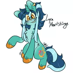 Size: 2000x2000 | Tagged: safe, artist:alicornfluttershy, derpibooru import, lyra heartstrings, pony, unicorn, bangs, blue coat, blushing, colored hooves, ear piercing, earring, g4, gold hooves, hooves, image, implied lesbian, implied lyrabon, implied shipping, jewelry, multicolored hair, piercing, png, redesign, ring, simple background, sitting, smiling, solo, stylized, unshorn fetlocks, wedding ring, white background, yellow eyes