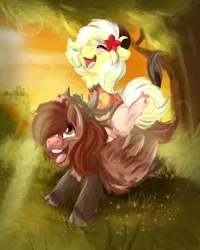 Size: 2000x2500 | Tagged: safe, artist:euspuche, derpibooru import, oc, unofficial characters only, earth pony, pegasus, pony, bull horns, clothes, costume, female, flower, flower in hair, horns, image, male, mare, particles, png, ponies riding ponies, riding, stallion, tree