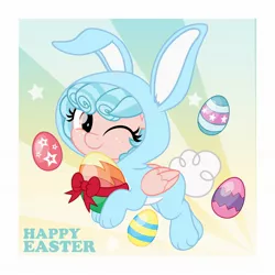 Size: 2048x2048 | Tagged: safe, artist:jhayarr23, derpibooru import, cozy glow, oc, pegasus, pony, animal costume, bow, bunny costume, clothes, costume, cozybetes, cute, easter, easter egg, female, filly, foal, hair bow, holiday, image, jpeg, one eye closed, solo, wink