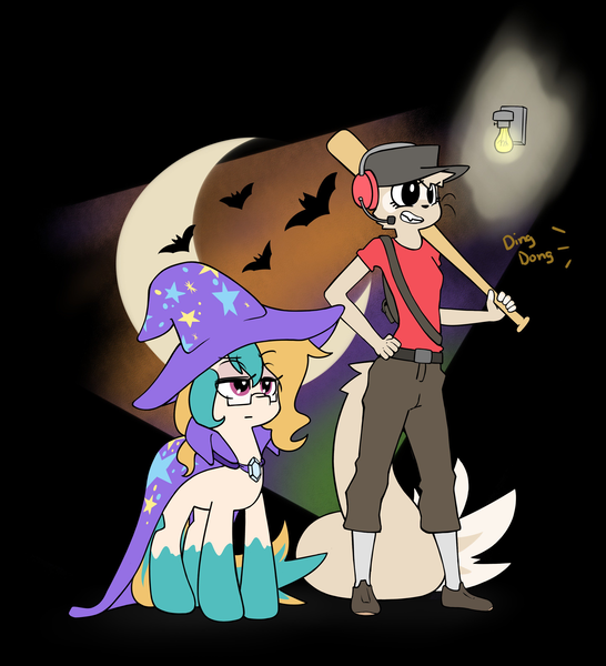 Size: 2929x3221 | Tagged: safe, artist:rolo, derpibooru import, oc, oc:sam, oc:sunset rose, anthro, bat, ferret, plantigrade anthro, pony, unicorn, 2017, baseball bat, cape, clothes, coat markings, costume, crescent moon, doorbell, duo, duo female, female, furry, furry oc, glasses, grin, halloween, halloween costume, hand on hip, hat, headset, holiday, image, lidded eyes, lightbulb, mare, moon, non-mlp oc, pants, png, scout, shirt, shoes, smiling, socks (coat marking), tail, trixie's cape, trixie's hat, unamused