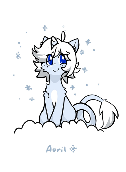 Size: 1508x2048 | Tagged: safe, artist:rolo, derpibooru import, oc, oc:auril avalanche, unofficial characters only, pony, unicorn, blushing, chest fluff, ear fluff, female, image, leonine tail, mare, png, shoulder fluff, sitting, smiling, snow, snowflake, solo, tail