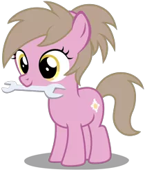 Size: 2670x3180 | Tagged: safe, artist:strategypony, derpibooru import, oc, oc:reppy, unofficial characters only, earth pony, pony, cute, earth pony oc, female, filly, foal, image, mouth hold, png, ponytail, simple background, transparent background, wrench