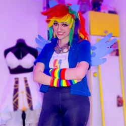 Size: 1080x1080 | Tagged: safe, derpibooru import, rainbow dash, human, clothes, cosplay, costume, crossed arms, cutie mark, cutie mark on clothes, goggles, image, irl, irl human, jpeg, multicolored hair, photo, rainbow hair, solo