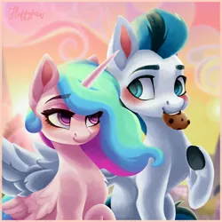 Size: 4000x4000 | Tagged: safe, artist:mishi_ovo, derpibooru import, princess celestia, oc, alicorn, pegasus, pony, canon x oc, commission, cookie, couple, duo, fanfic art, food, image, jpeg, love, pegasus oc, ship, shipping, wings, ych result