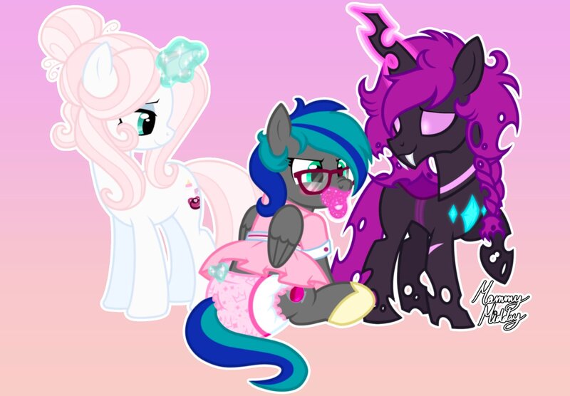 Size: 2048x1423 | Tagged: questionable, artist:mommymidday, derpibooru import, oc, oc:coco (changeling), oc:mommy midday, oc:summer breeze (pegasus), changeling, pegasus, pony, unicorn, abdl, adult foal, booties, braid, changeling oc, clothes, commission, diaper, diaper fetish, dress, fangs, fetish, folded wings, glasses, horn, image, jpeg, magic, magic aura, nose wrinkle, onesie, pegasus oc, photo, purple changeling, show accurate, show accurate porn, simple background, telekinesis, unicorn oc, wings