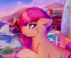Size: 3020x2470 | Tagged: safe, artist:legionsunite, derpibooru import, sunny starscout, earth pony, my little pony: a new generation, cliff, female, g5, happy, image, leaves, lighthouse, maretime bay, messy mane, ocean, png, scenery, sunrise, teary eyes, water, wave