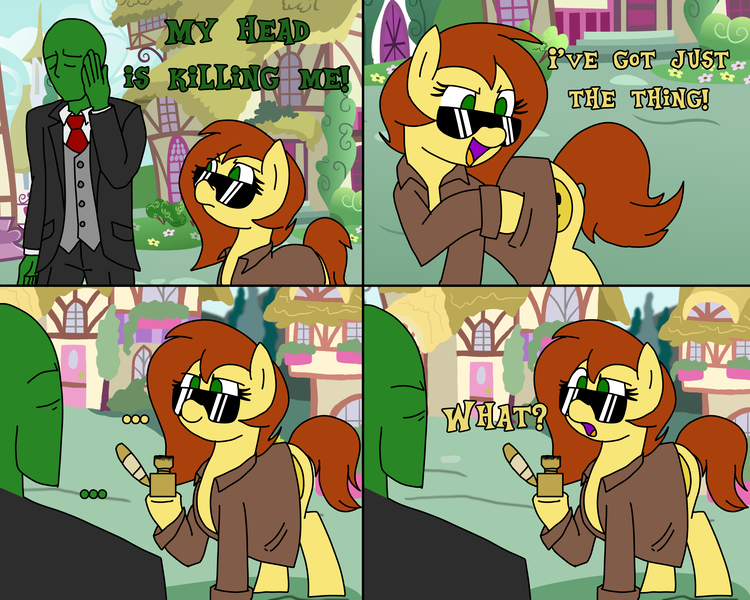 Size: 5000x4000 | Tagged: safe, artist:legendoflink, derpibooru import, oc, oc:anon, oc:postal mare, unofficial characters only, earth pony, human, pony, 4 panel comic, absurd resolution, angry, clothes, comic, crack, crack pipe, dialogue, drugs, drugs are bad mmmkay?, duo, earth pony oc, female, human oc, image, male, mare, outdoors, pipe, png, ponyville, postal, postal 2, postal dude, smiling, suit, sunglasses, text, trenchcoat