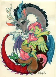 Size: 942x1280 | Tagged: safe, artist:bazted, derpibooru import, discord, fluttershy, discoshy, female, hug, image, jpeg, male, shipping, straight, traditional art