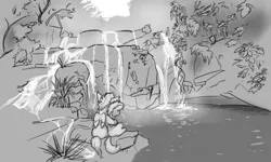 Size: 5000x3000 | Tagged: safe, artist:captainhoers, derpibooru import, oc, unofficial characters only, pegasus, pony, duo, facing away, grayscale, hug, image, jpeg, monochrome, oasis, water, waterfall